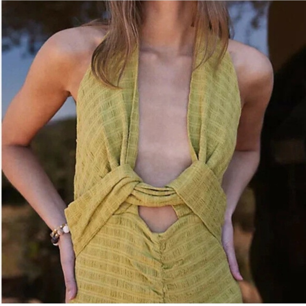 Free People Lime Green Textured Smocked Strapless Midi Dress OB1499723 Medium